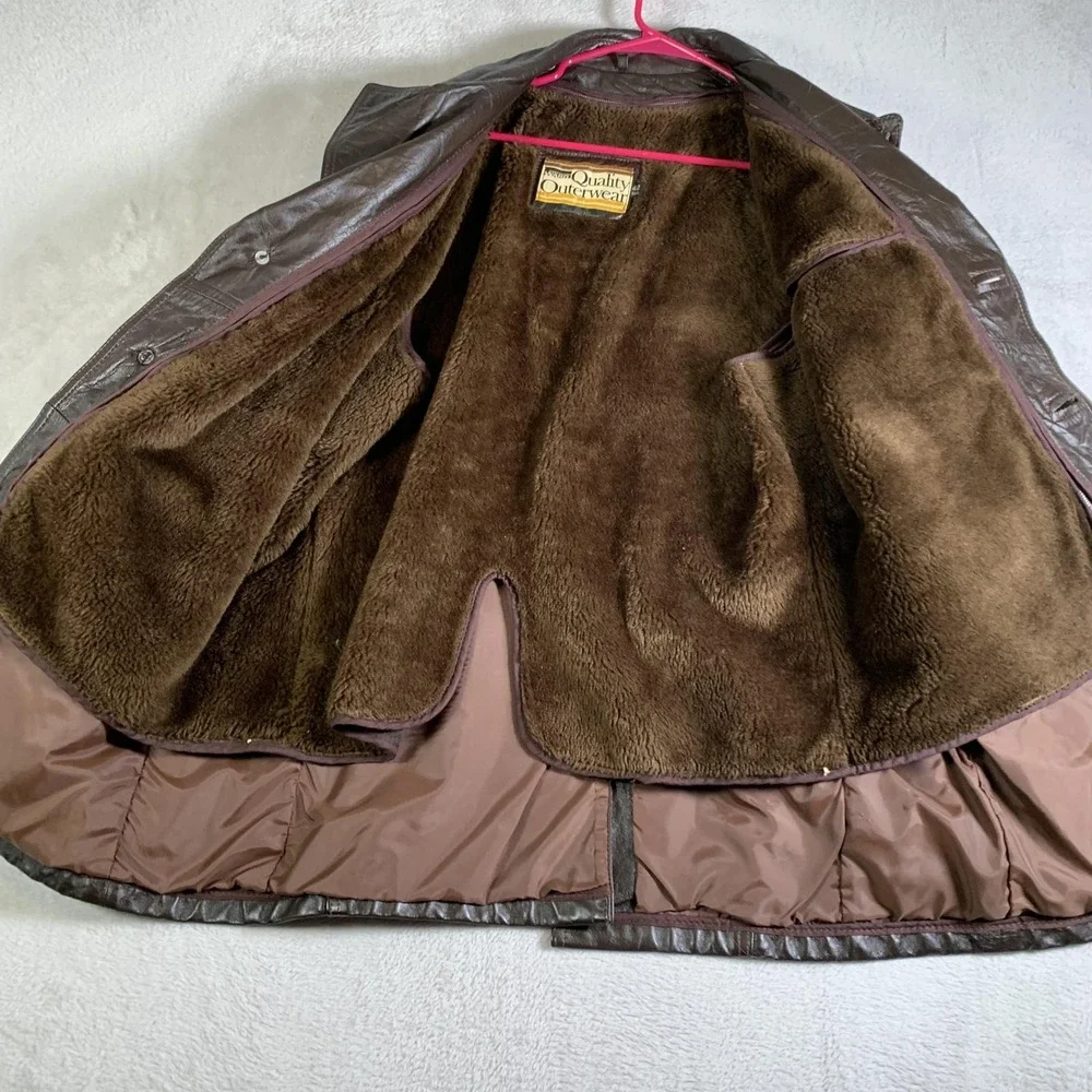 Vintage Montgomery Ward Jacket Mens 42‎ Brown Leather Car Coat Sherpa 70s 80s